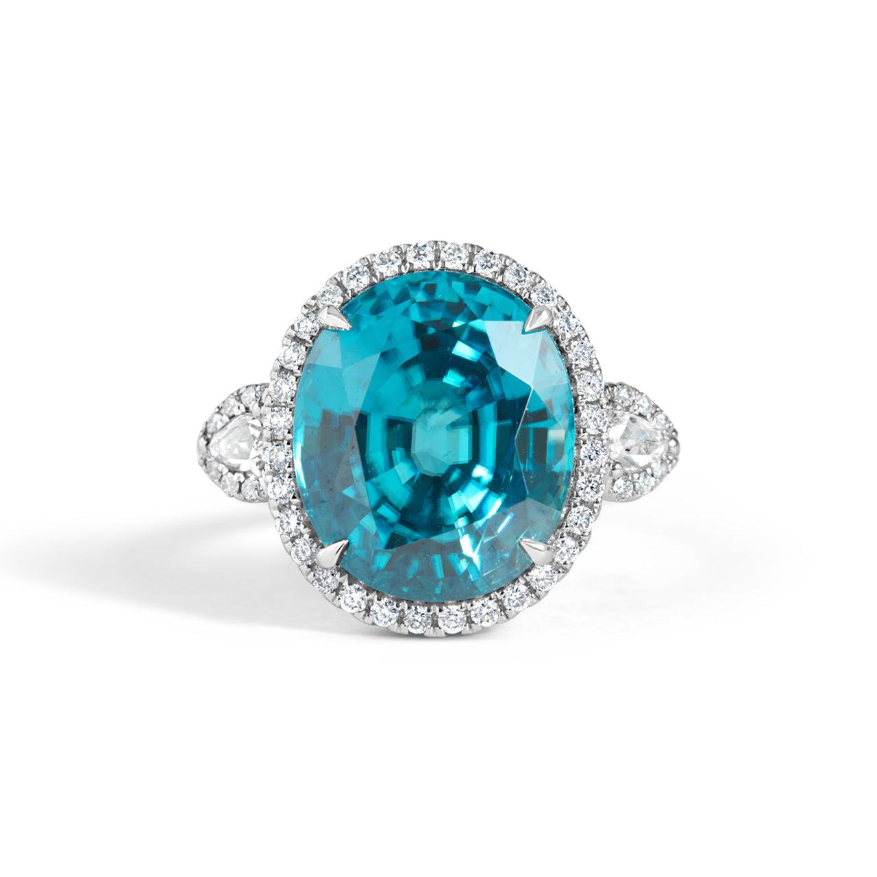 Oval Blue Zircon & Diamond 3 Stone Ring
