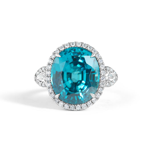 Oval Blue Zircon & Diamond 3 Stone Ring