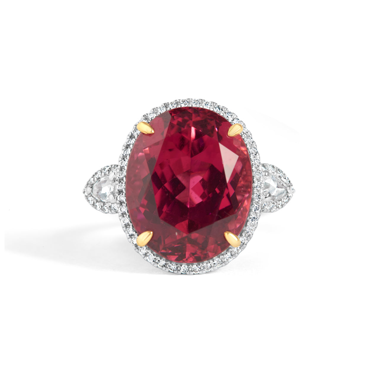 Oval Rubelite Tourmaline & Diamond 3 Stone Ring