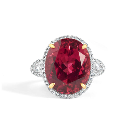 Oval Rubelite Tourmaline & Diamond 3 Stone Ring