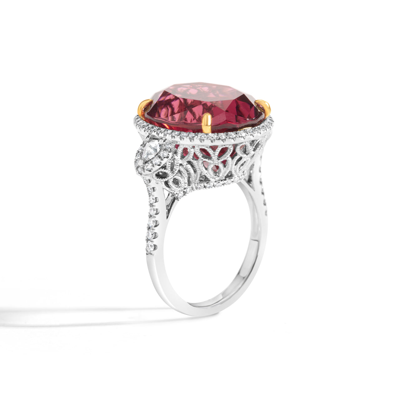 Oval Rubelite Tourmaline & Diamond 3 Stone Ring