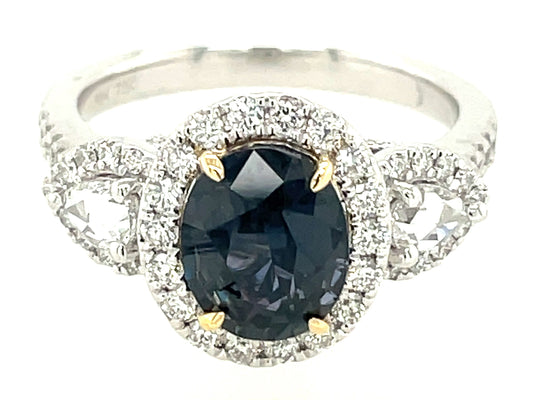 NATURAL NO HEAT OVAL COLOR CHANGE SAPPHIRE & DIAMOND HALO 3 STONE RING, CERT#202248143