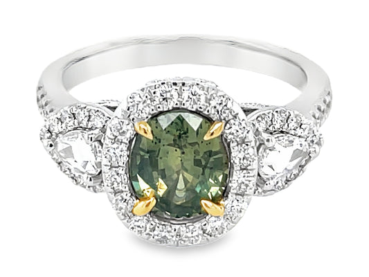 NATURAL NO HEAT GREEN SAPPHIRE OVAL & DIAMOND HALO 3 STONE RING