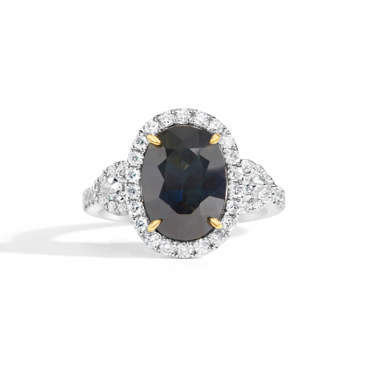Oval Green Sapphire & Diamond Halo 3 Stone Ring