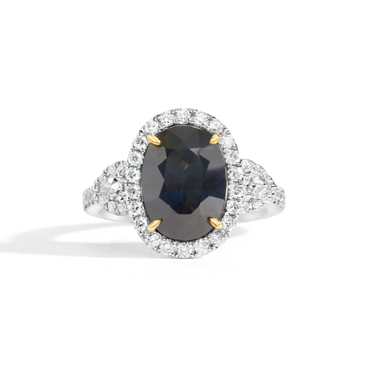 Oval Green Sapphire & Diamond Halo 3 Stone Ring