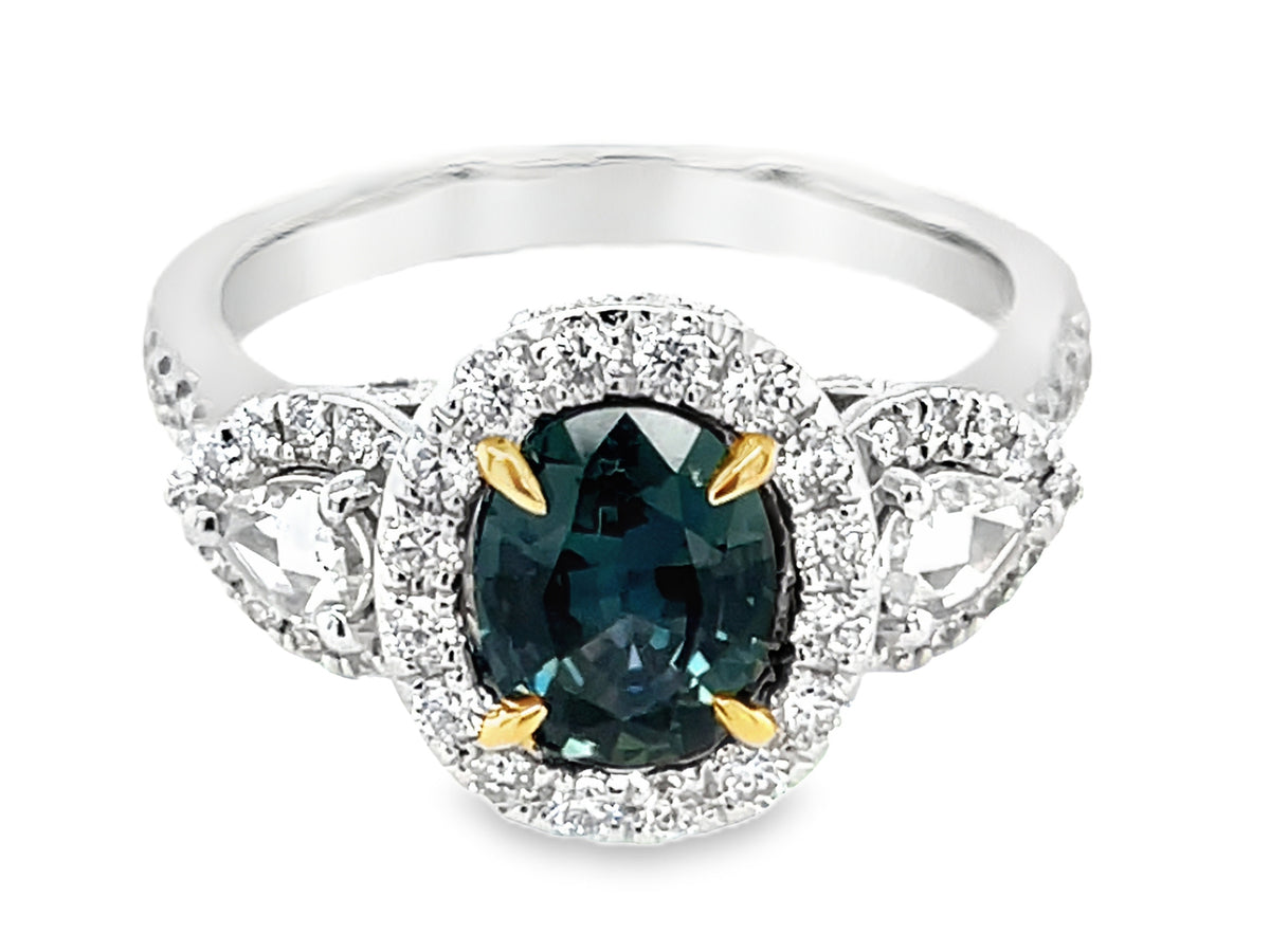 NATURAL NO HEAT GREEN SAPPHIRE OVAL & DIAMOND HALO 3 STONE RING