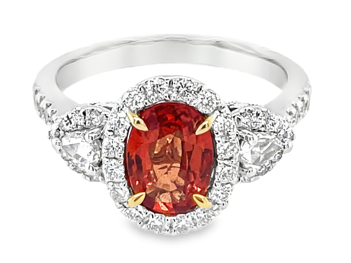 ORANGE SAPPHIRE OVAL & DIAMOND HALO 3 STONE RING
