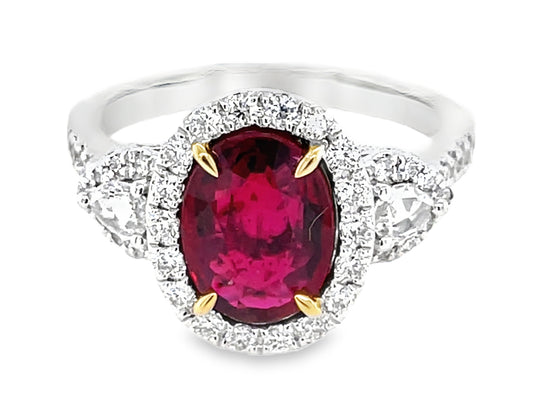 RUBY OVAL & DIAMOND HALO 3 STONE RING