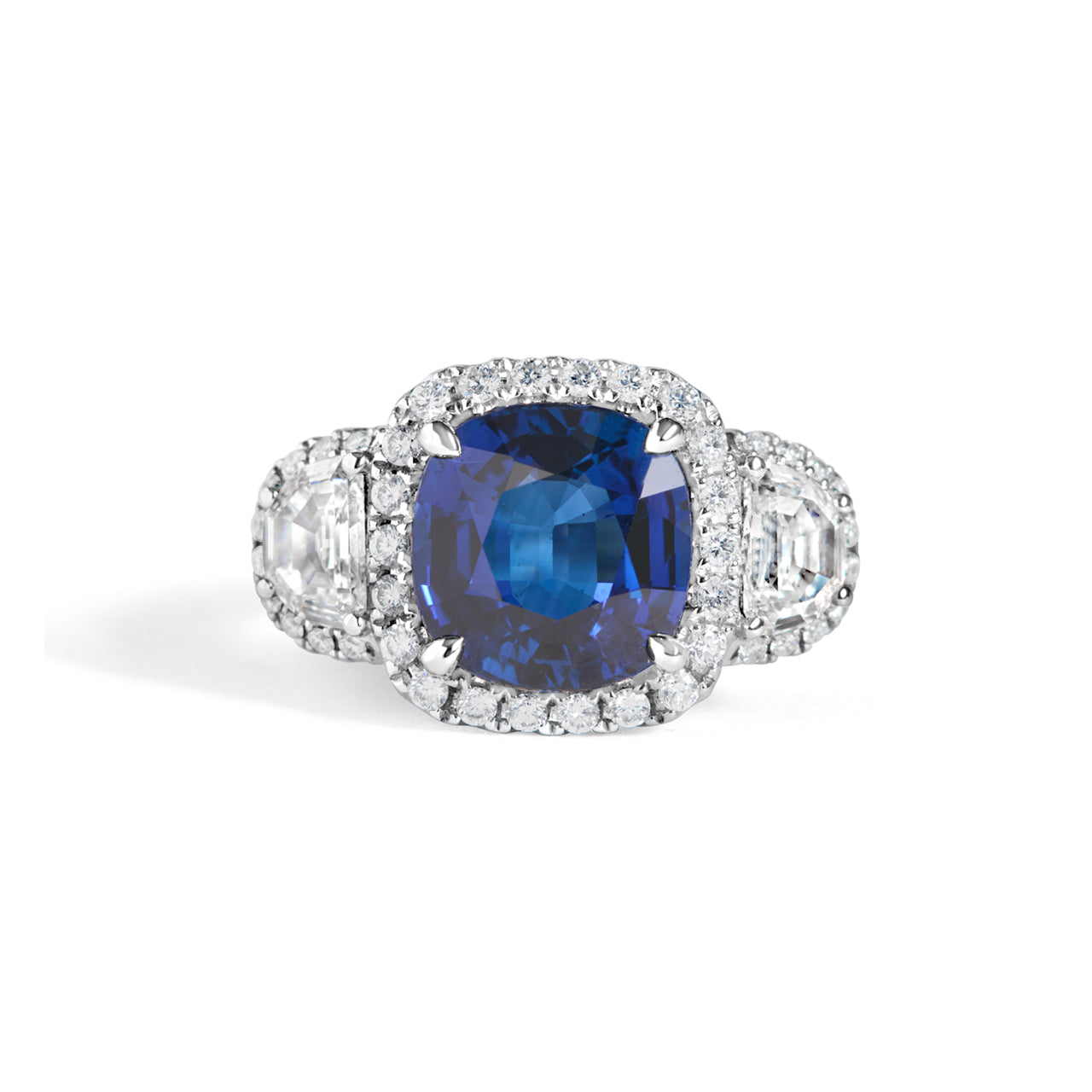 Cushion Sapphire & Half Moon Diamond 3 Stone Ring