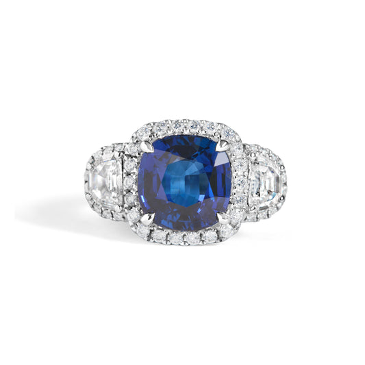 Cushion Sapphire & Half Moon Diamond 3 Stone Ring