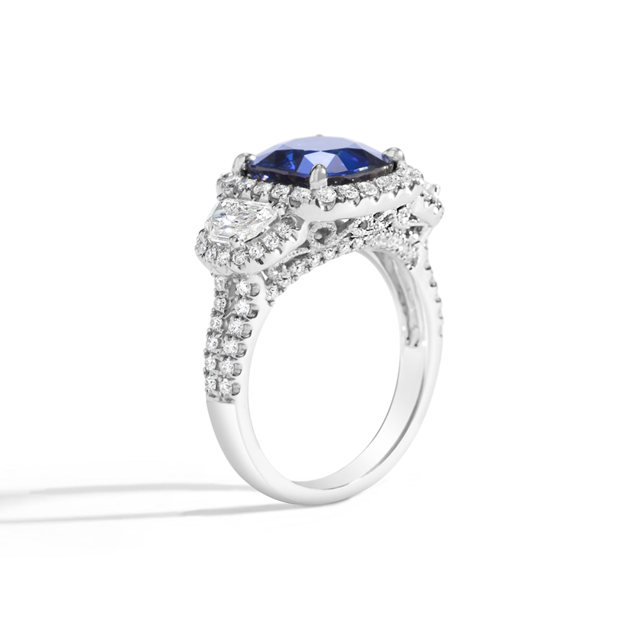 Cushion Sapphire & Half Moon Diamond 3 Stone Ring