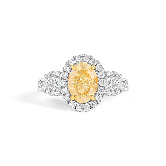 Oval Yellow & White Diamond 3 Stone Ring