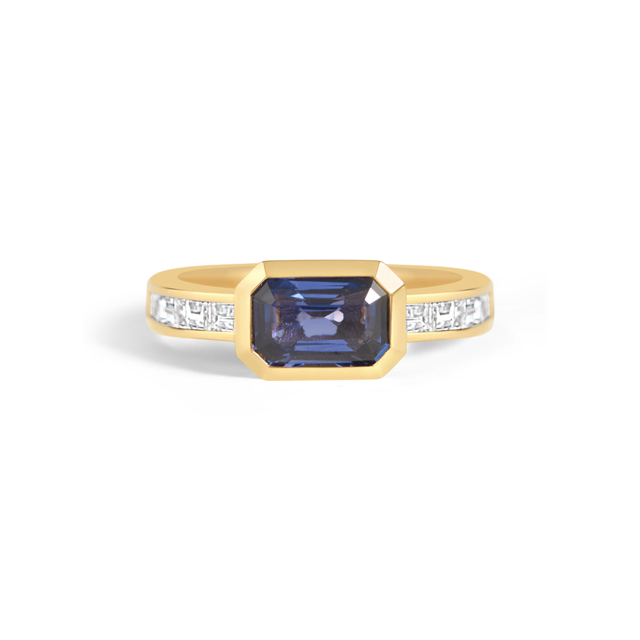 Emerald Cut Sapphire & Baguette Diamond Bezel Ring