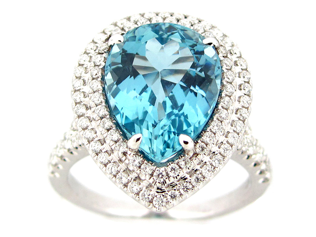 AQUAMARINE & DIAMOND DOUBLE HALO RING, 18KW (H)