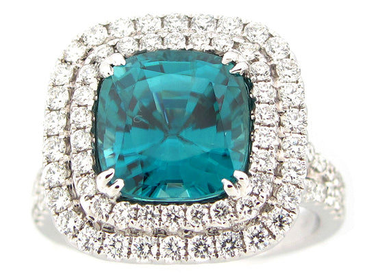 BLUE ZIRCON & DIAMOND RING, 18KW (H)