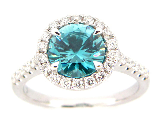 BLUE ZIRCON  & DIAMOND RING, 18KW (H)