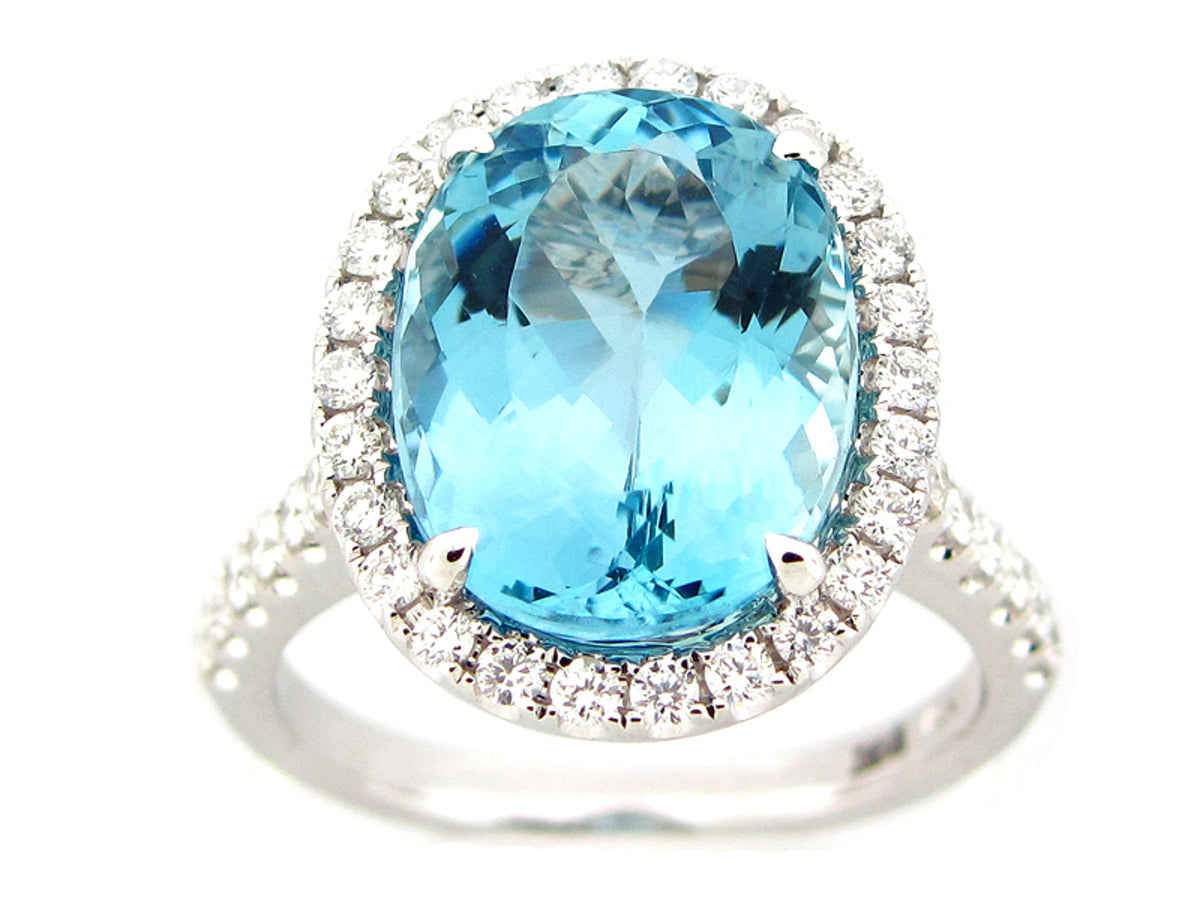 AQUAMARINE & DIAMOND RING, 18KW (H)