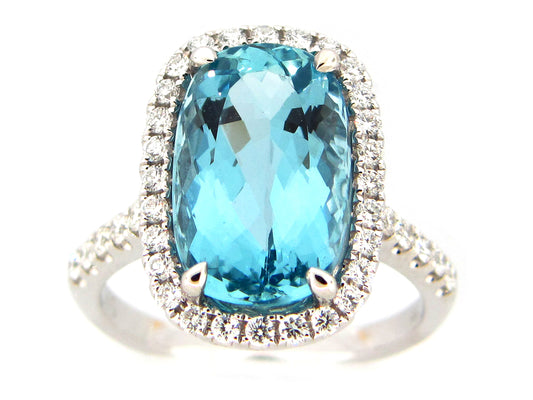 AQUAMARINE & DIAMOND RING, 18KW (H)