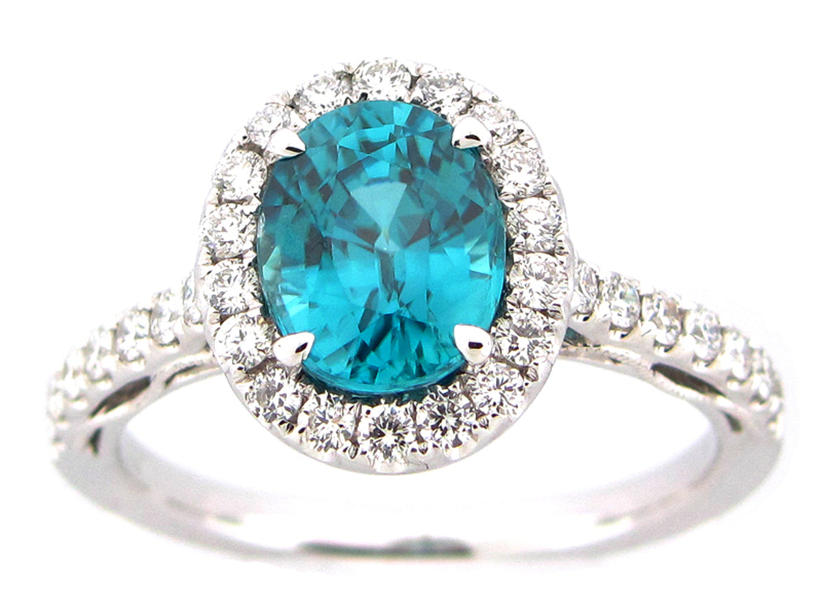 BLUE ZIRCON & DIAMOND RING, 18KW (H)