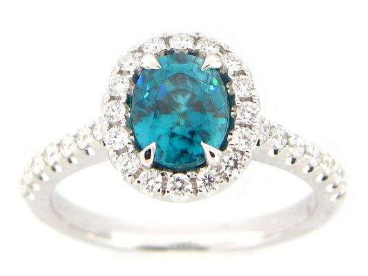 BLUE ZIRCON & DIAMOND RING, 18KW (H)