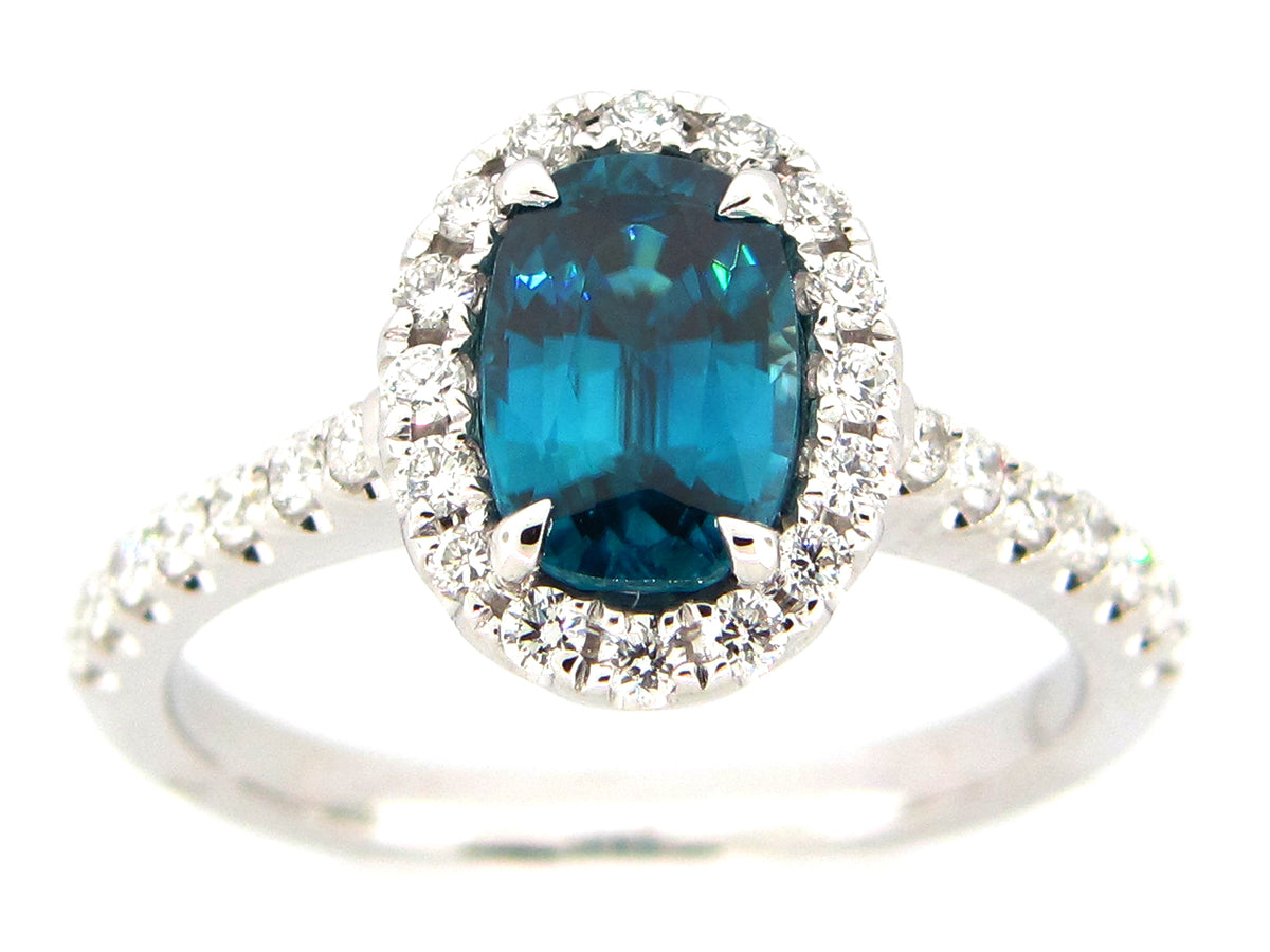 BLUE ZIRCON & DIAMOND RING, 18KW (H)