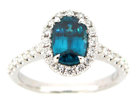 BLUE ZIRCON & DIAMOND RING, 18KW (H)