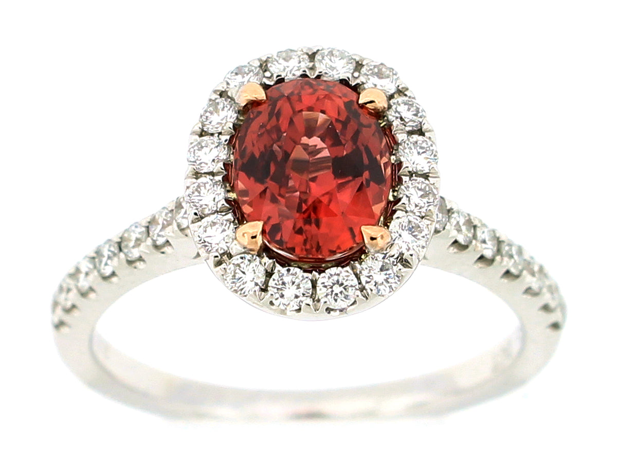 NATURAL ORANGE SAPPHIRE & DIAMOND RING, GIA CERTI #2165296147, 18KZ (N)
