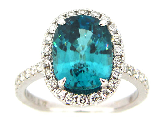 BLUE ZIRCON & DIAMOND HALO RING, 18KW (H)