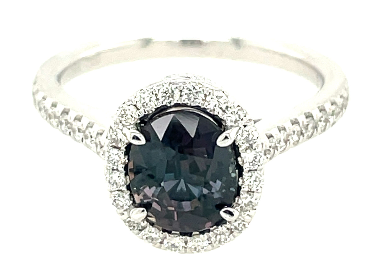 NATURAL NO HEAT OVAL COLOR CHANGE SAPPHIRE & DIAMOND HALO RING, CERT#R202248165