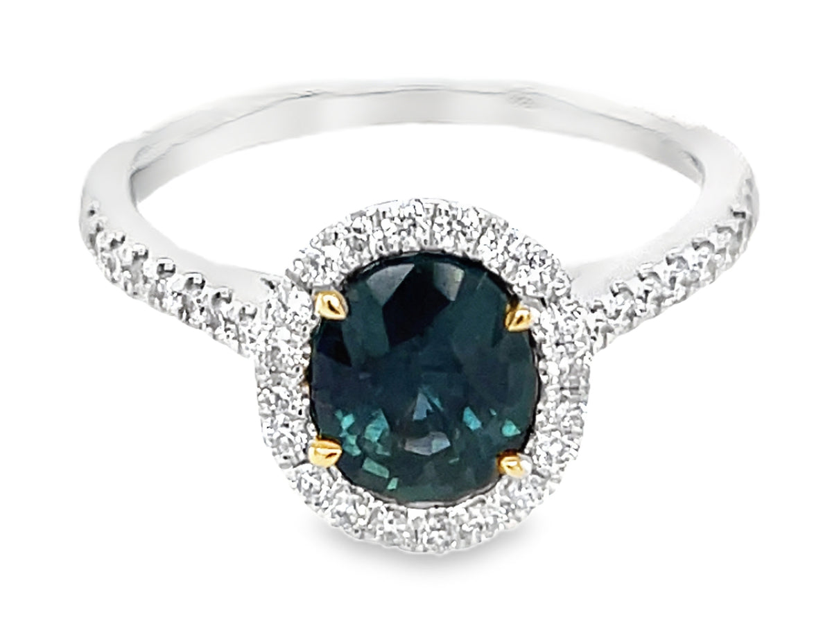 NATURAL NO HEAT GREEN SAPPHIRE OVAL & DIAMOND HALO RING