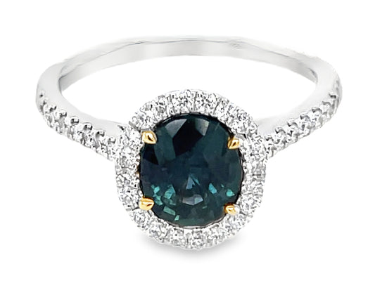 NATURAL NO HEAT GREEN SAPPHIRE OVAL & DIAMOND HALO RING