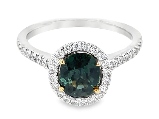 NATURAL NO HEAT GREEN SAPPHIRE OVAL & DIAMOND HALO RING