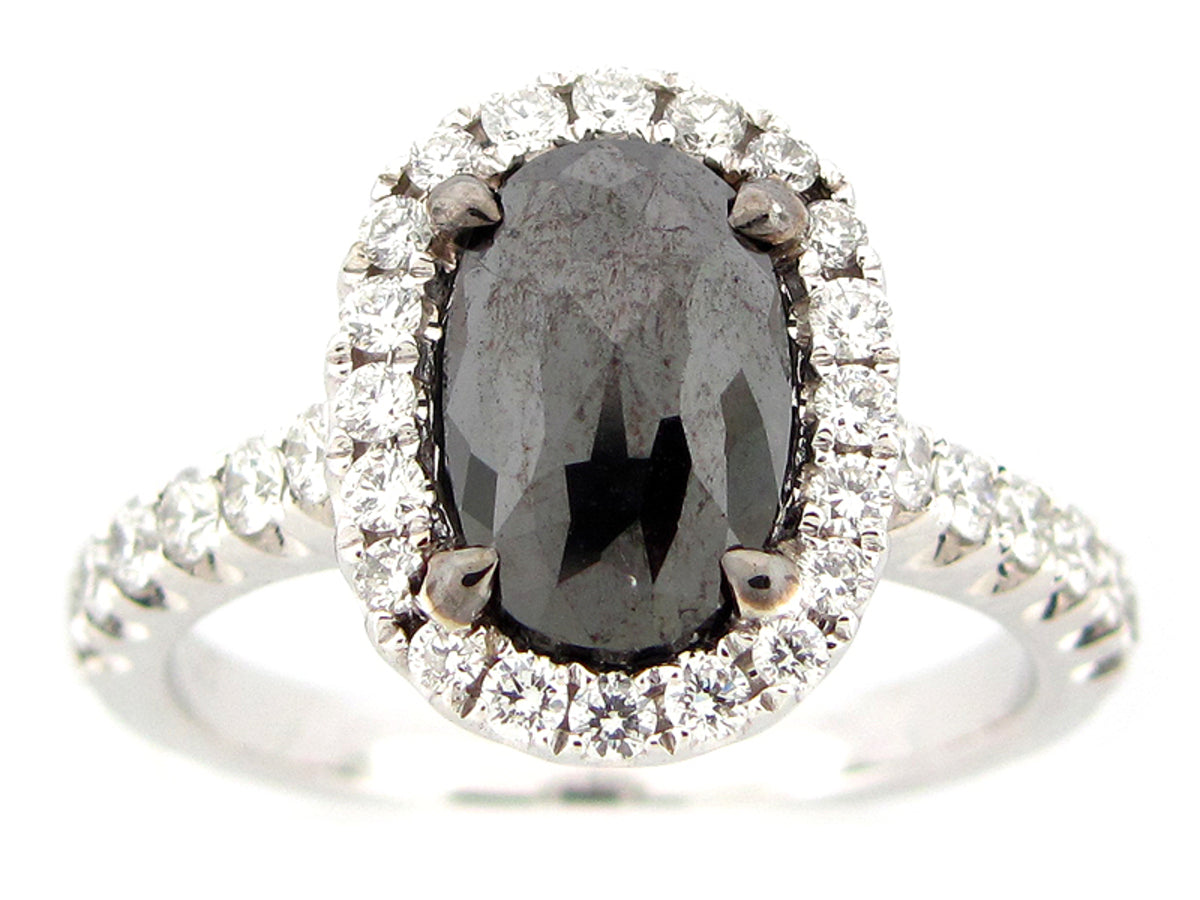 ROSE CUT BLACK & WHITE DIAMOND RING, 18KW (R)