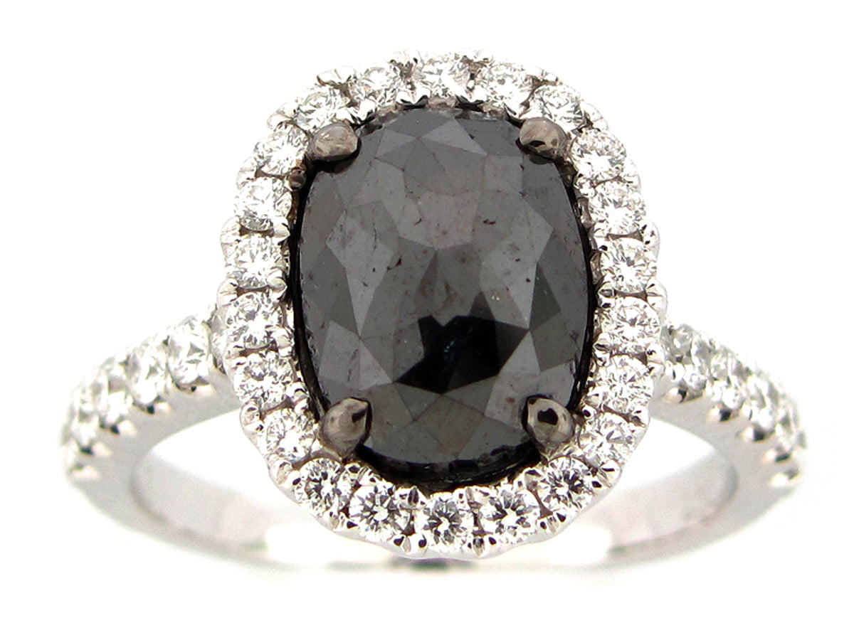 ROSE CUT BLACK & WHITE DIAMOND RING, 18KW (R)