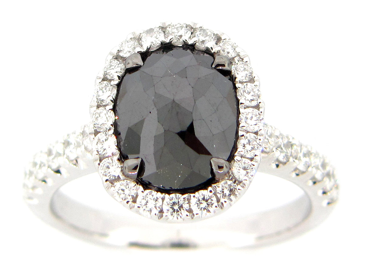 ROSE CUT BLACK & WHITE DIAMOND RING, 18KW (R)