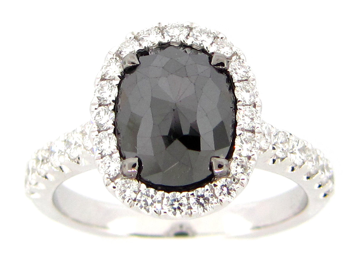 ROSE CUT BLACK & WHITE DIAMOND RING, 18KW (R)
