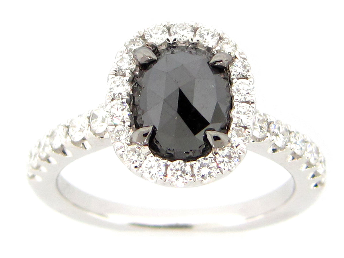 ROSE CUT BLACK & WHITE DIAMOND RING, 18KW (R)