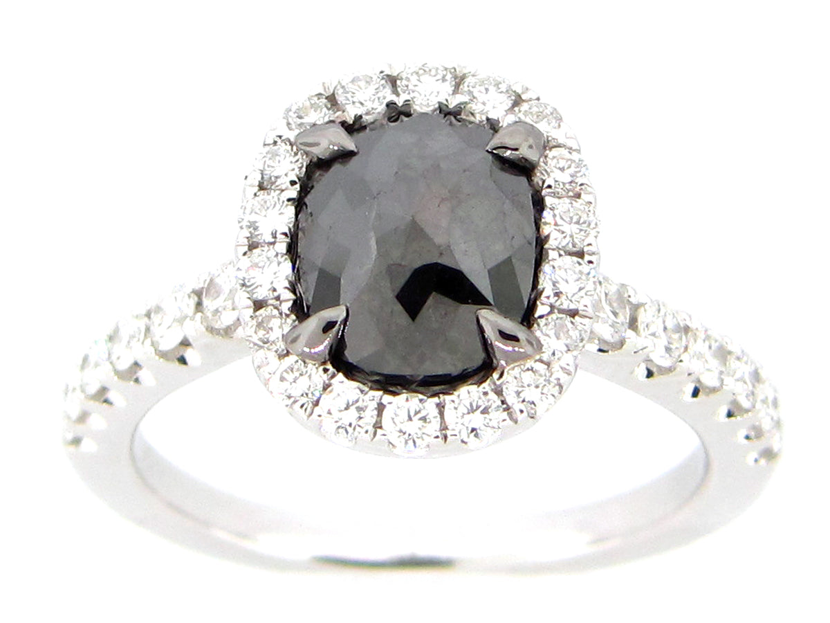 ROSE CUT BLACK & WHITE DIAMOND RING, 18KW (R)
