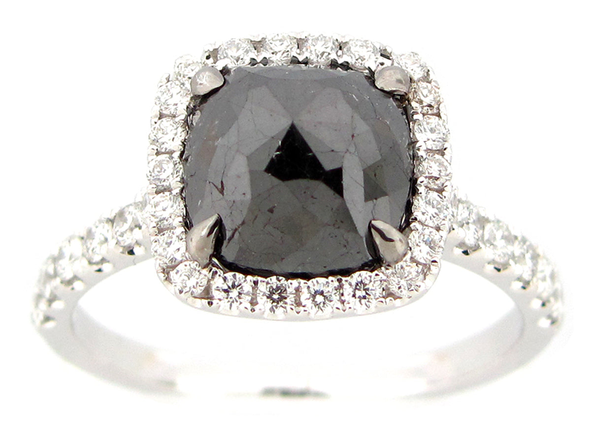 ROSE CUT BLACK & WHITE DIAMOND RING, 18KW (R)