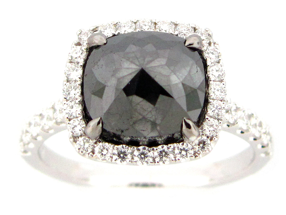 ROSE CUT BLACK & WHITE DIAMOND RING, 18KW (R)