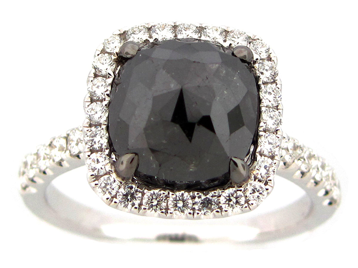 ROSE CUT BLACK & WHITE DIAMOND RING, 18KW (R)