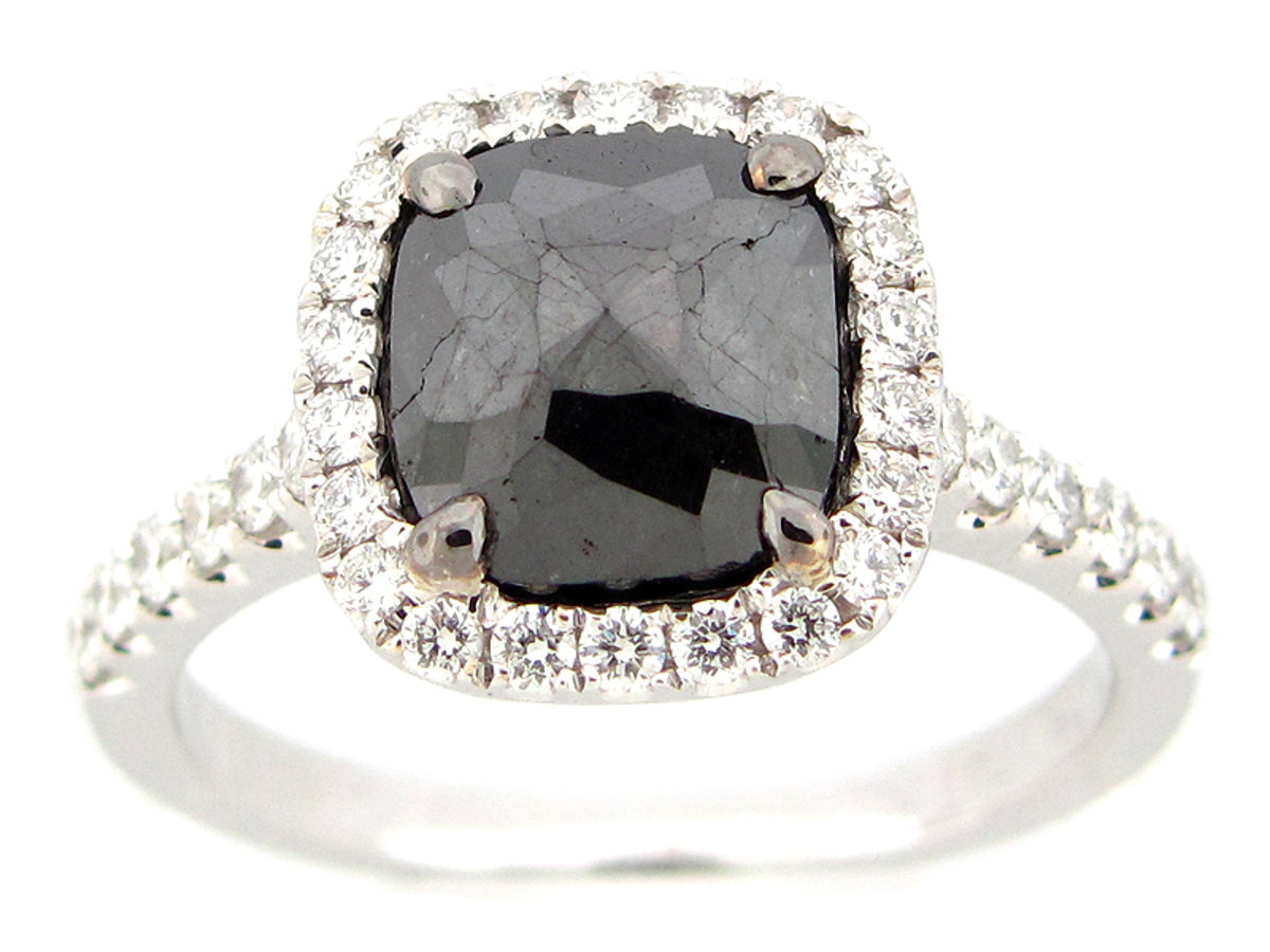 ROSE CUT BLACK & WHITE DIAMOND RING, 18KW (R)