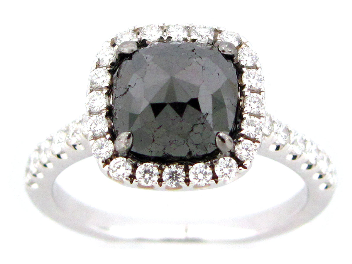 ROSE CUT BLACK & WHITE DIAMOND RING, 18KW (R)