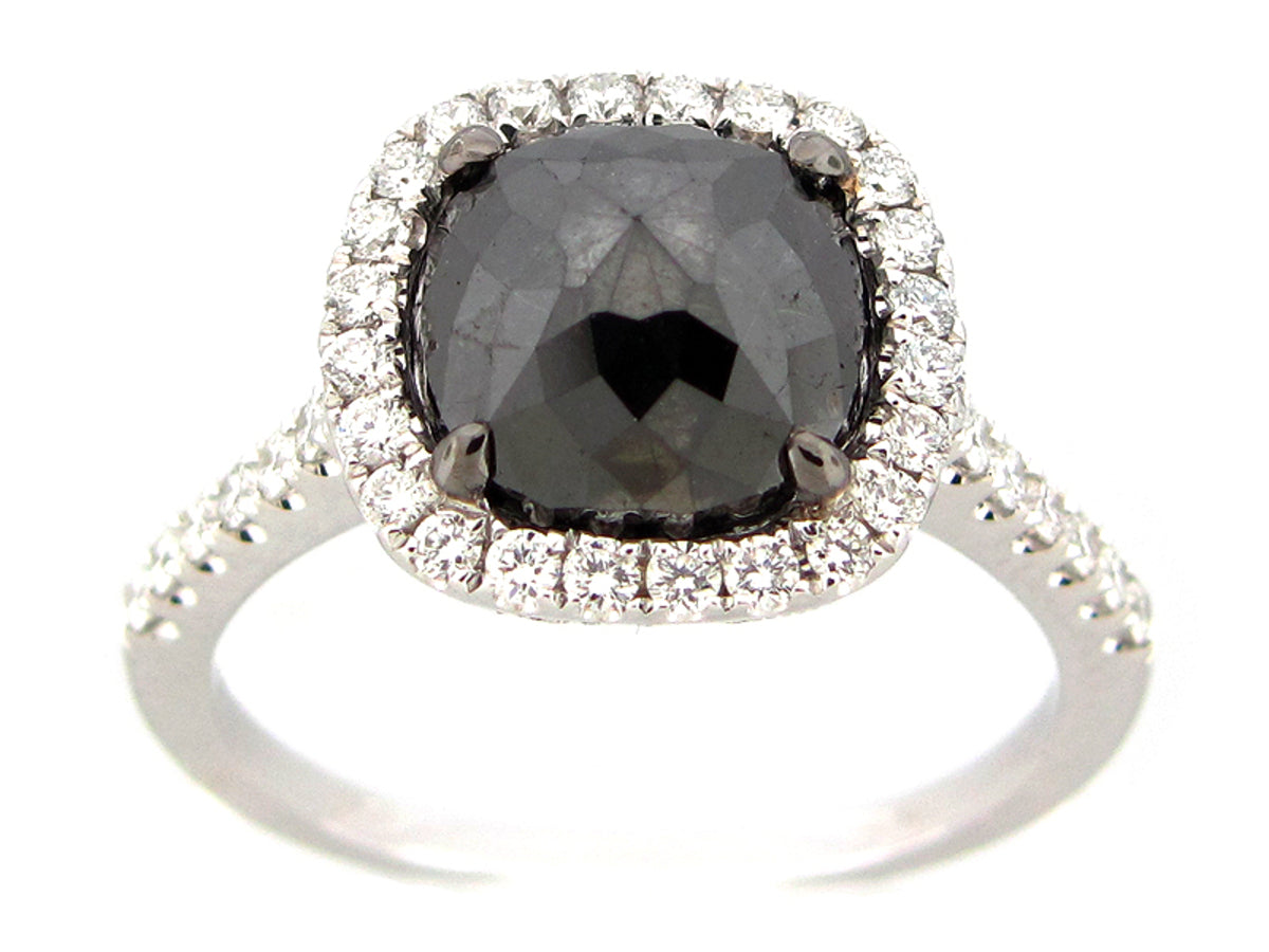 ROSE CUT BLACK & WHITE DIAMOND RING, 18KW (R)