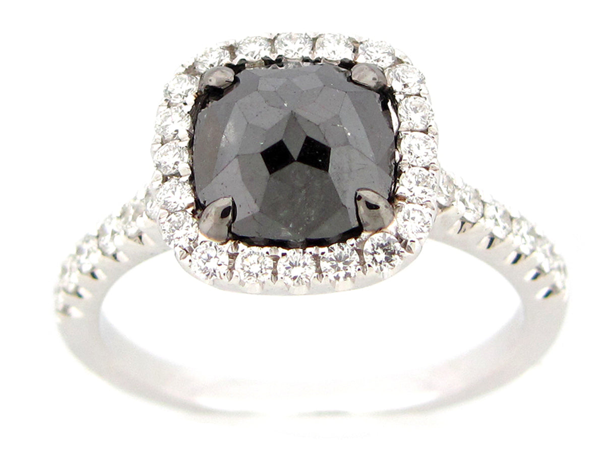 ROSE CUT BLACK & WHITE DIAMOND RING, 18KW (R)