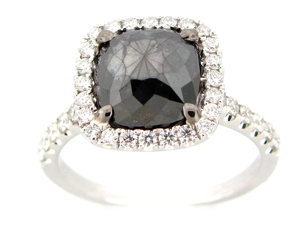 ROSE CUT BLACK & WHITE DIAMOND RING, 18KW (R)