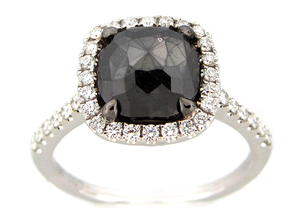 ROSE CUT BLACK & WHITE DIAMOND RING, 18KW (R)