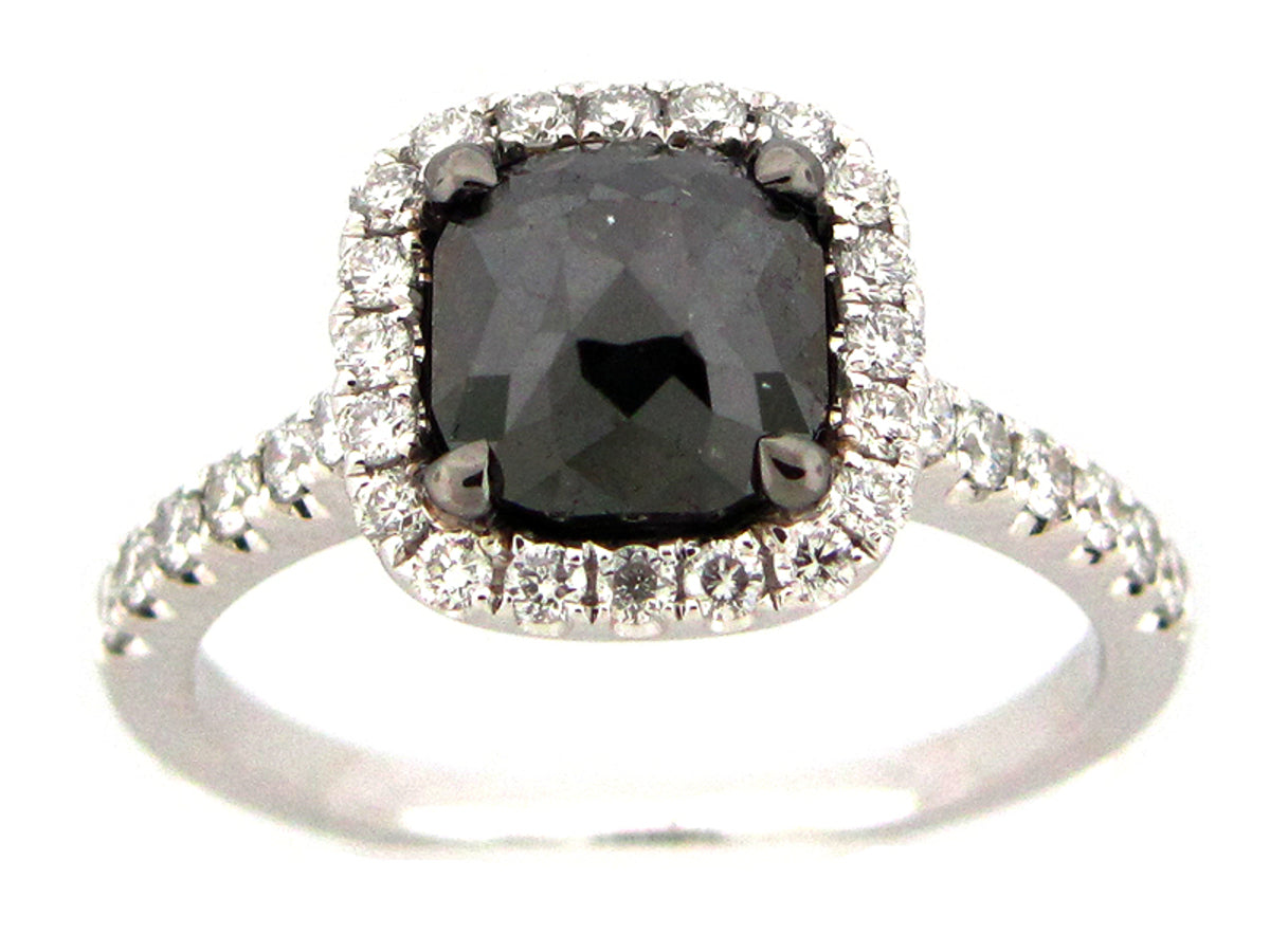 ROSE CUT BLACK & WHITE DIAMOND RING, 18KW (R)