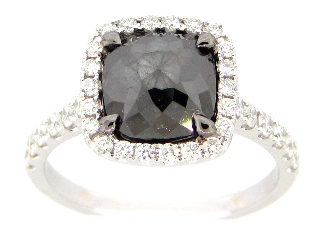 ROSE CUT BLACK & WHITE DIAMOND RING, 18KW (R)