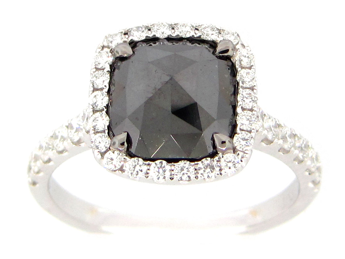 ROSE CUT BLACK & WHITE DIAMOND RING, 18KW (R/H)